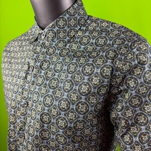 Consequence Geometric AOP Stretch Shirt Mens M Taylor Tile Black/Blue SS Btn Up